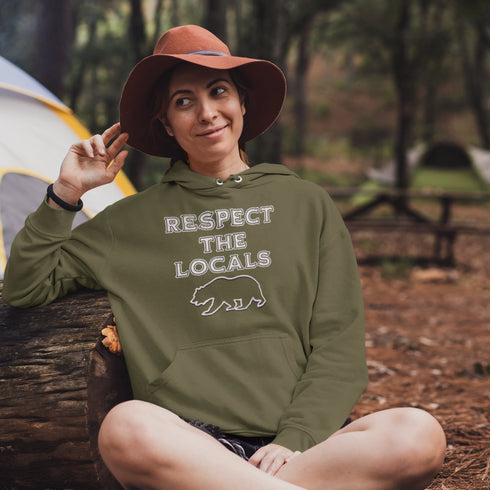 Introducing our rugged and stylish camping hoodie featuring a majestic bear design and the iconic phrase "Respect The Locals."